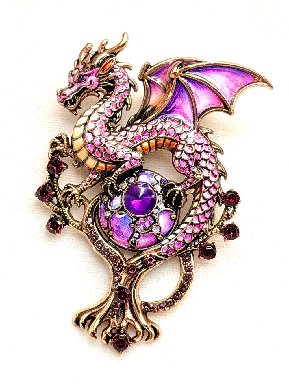 Large Purple Dragon Brooch w/inlaid rhinestones